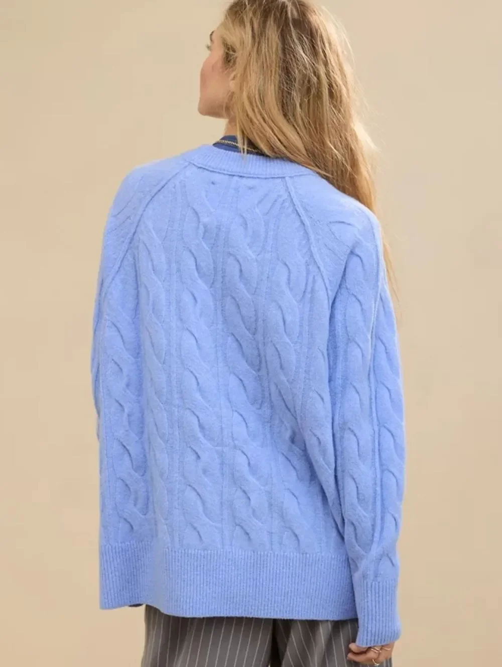 Aerie Womens Ocean Sky Blue unREAL Cable Crew Oversized Sweater Size XS